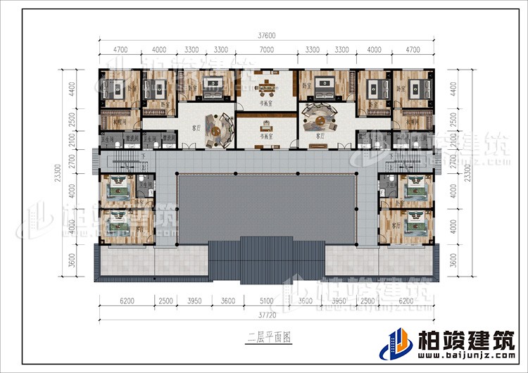 二层：2客厅、2书画室、公卫、10卧室、2衣帽间、4内卫、2露台