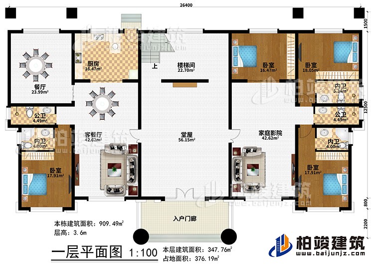 一层：入户门廊、堂屋、客餐厅、餐厅、厨房、楼梯间、4卧室、2公卫、3内卫、家庭影院