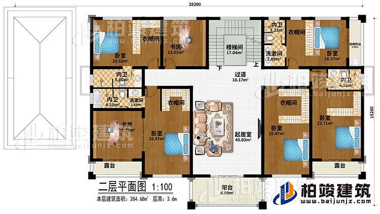 二层：楼梯间、过道、起居室、2书房、5卧室、2洗漱间、4衣帽间、晾晒阳台、阳台、2露台、4内卫